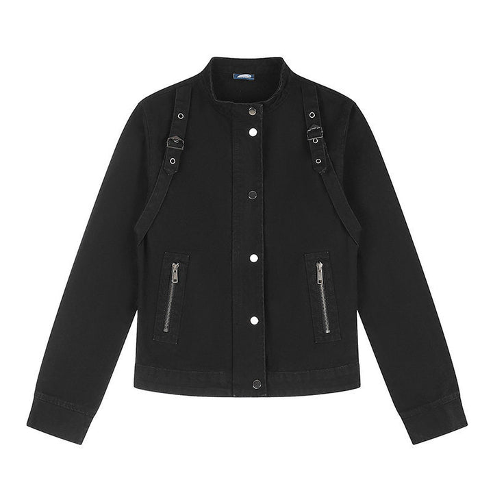 Women's Short Utility Jacket with Stand-Up Collar, Adjustable Shoulder Straps and Snap Closure Amarae
