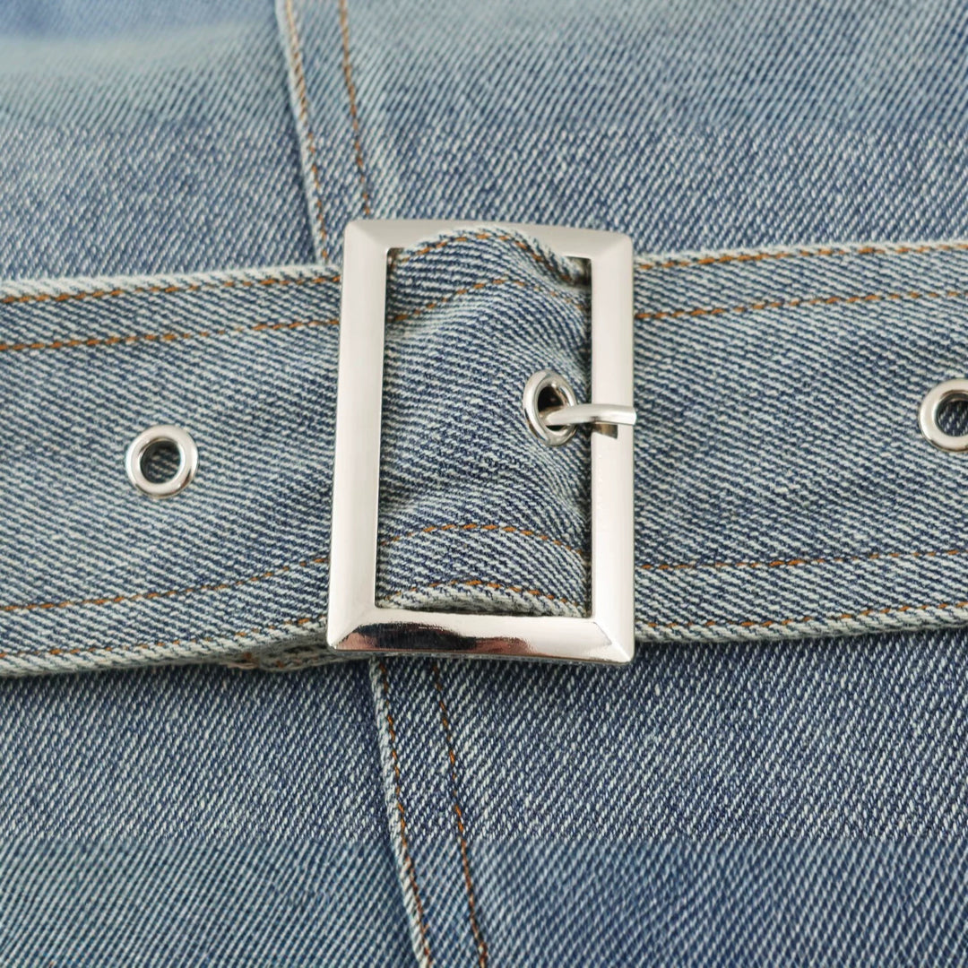 Women's denim jacket with belted waist and asymmetric snap button placket Amarae