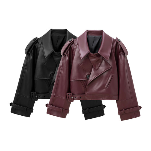 Cropped leather jacket for women with an elegant design featuring a wide lapel and practical pockets Amarae