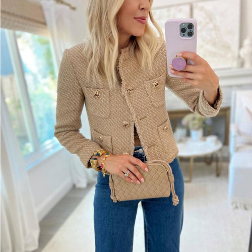 Elegant women's blazer cropped with textured fabric and gold button details Amarae