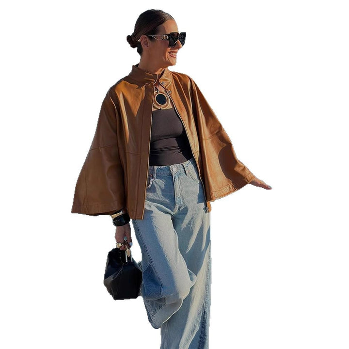 Women's Cape Sleeve Leather Jacket with Stand-up Collar Amarae