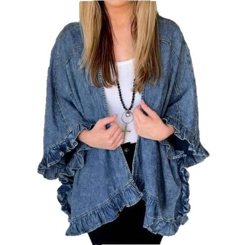 Women Oversized Jeans Kimono with Ruffle Edge and Open Fall Amarae