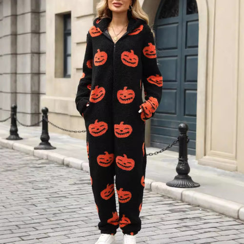 Ladies Comfortable Halloween Jumpsuit with Hood and Cute Fleece Amarae