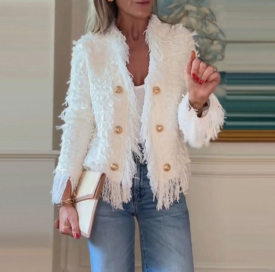 Veste à franges pour femmes avec des boutons dorés Chic & Stil