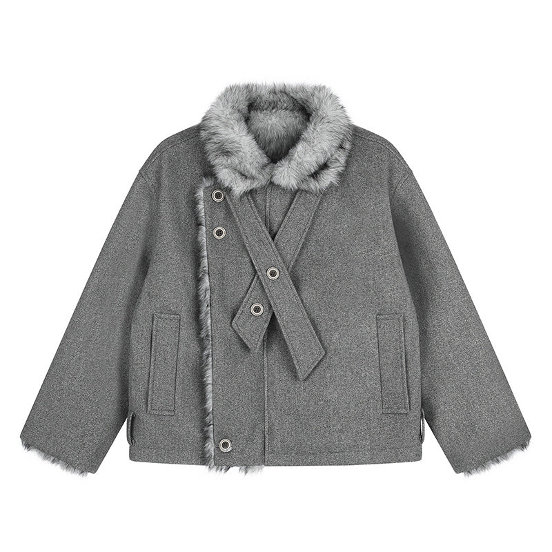 Women's short wool jacket with faux fur trim and asymmetric button placket Amarae