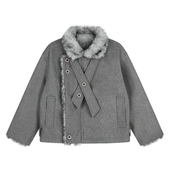 Women's short wool jacket with faux fur trim and asymmetric button placket Amarae