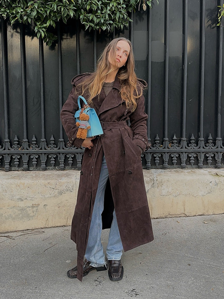 Ladies Elegant Suede Trench Coat with Wide Collar and Practical Pockets Lune London