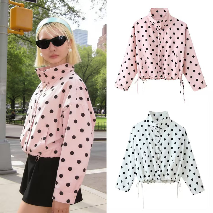 Women's Lightweight Polka Dot Wind Jacket with Stand-Up Collar and Drawstring Amarae
