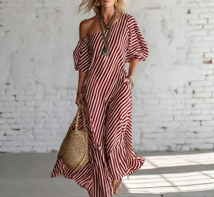 Women's maxi dress with asymmetric cut and striking stripes Lune London