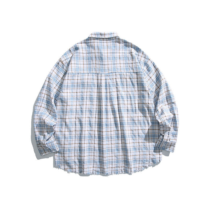 Unisex Boxy overshirt in checked linen blend with frayed hem and patch pockets Amarae