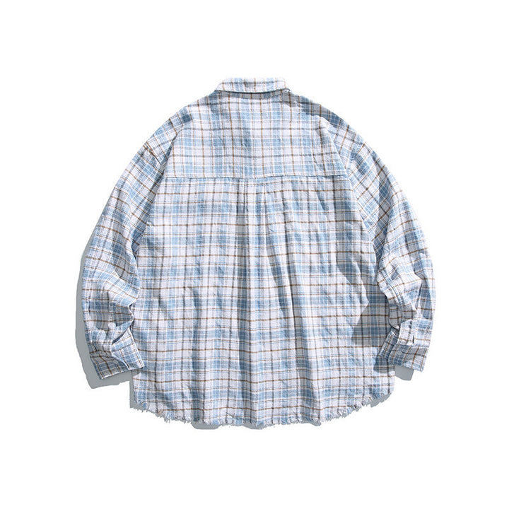 Unisex Boxy overshirt in checked linen blend with frayed hem and patch pockets Amarae