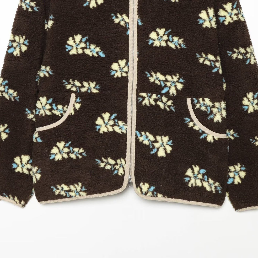 Women's teddy fleece jacket with floral allover pattern, stand-up collar and zipper Amarae
