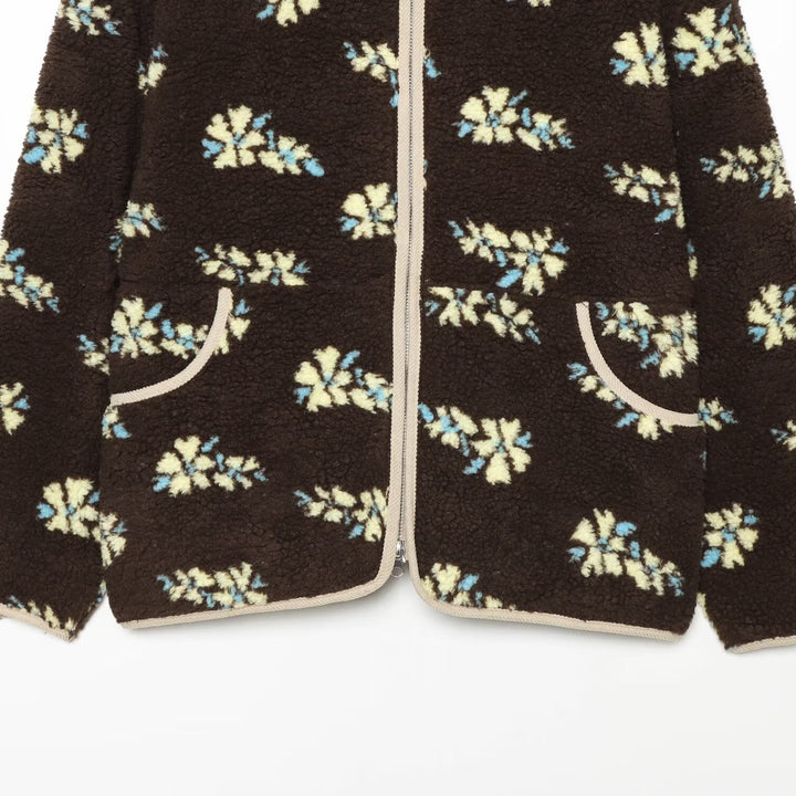 Women's teddy fleece jacket with floral allover pattern, stand-up collar and zipper Amarae