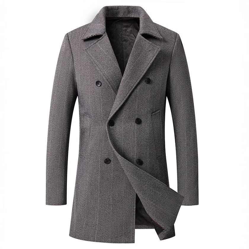 Elegant double-breasted coat for men with textured herringbone pattern Lune London