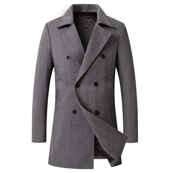 Elegant double-breasted coat for men with textured herringbone pattern Lune London