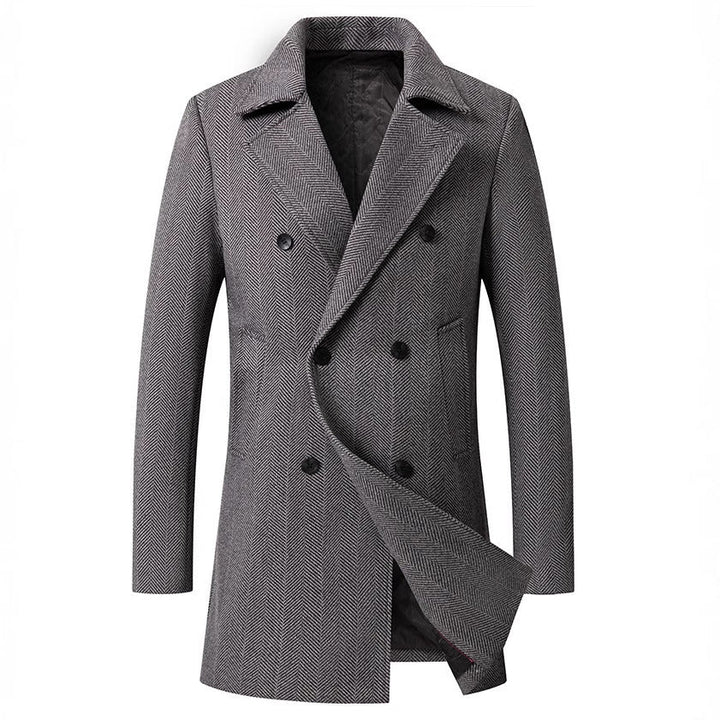 Men's Elegant Double-Breasted Coat with Textured Herringbone Pattern Chic Und Stil