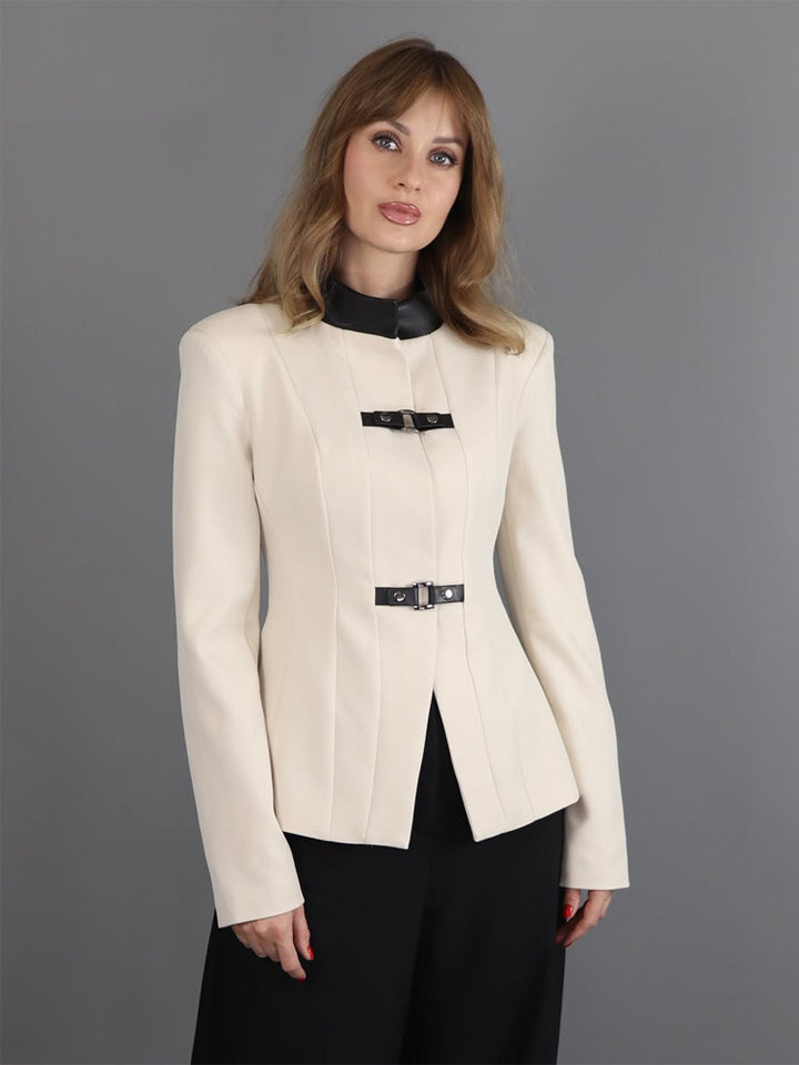 Women's Tailored Blazer with Stand-Up Collar, Waist Seams, and Decorative Strap Closures Amarae