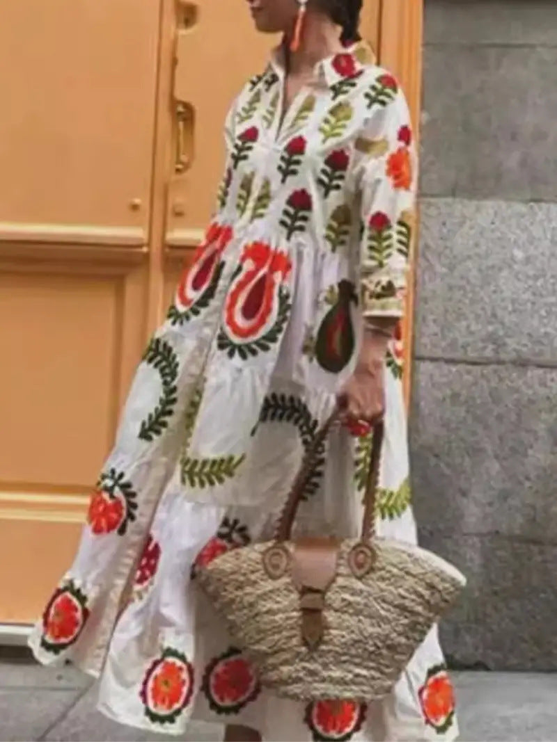 Maxi dress inspired by ethnic style for women with geometric embroidered pattern Lune London