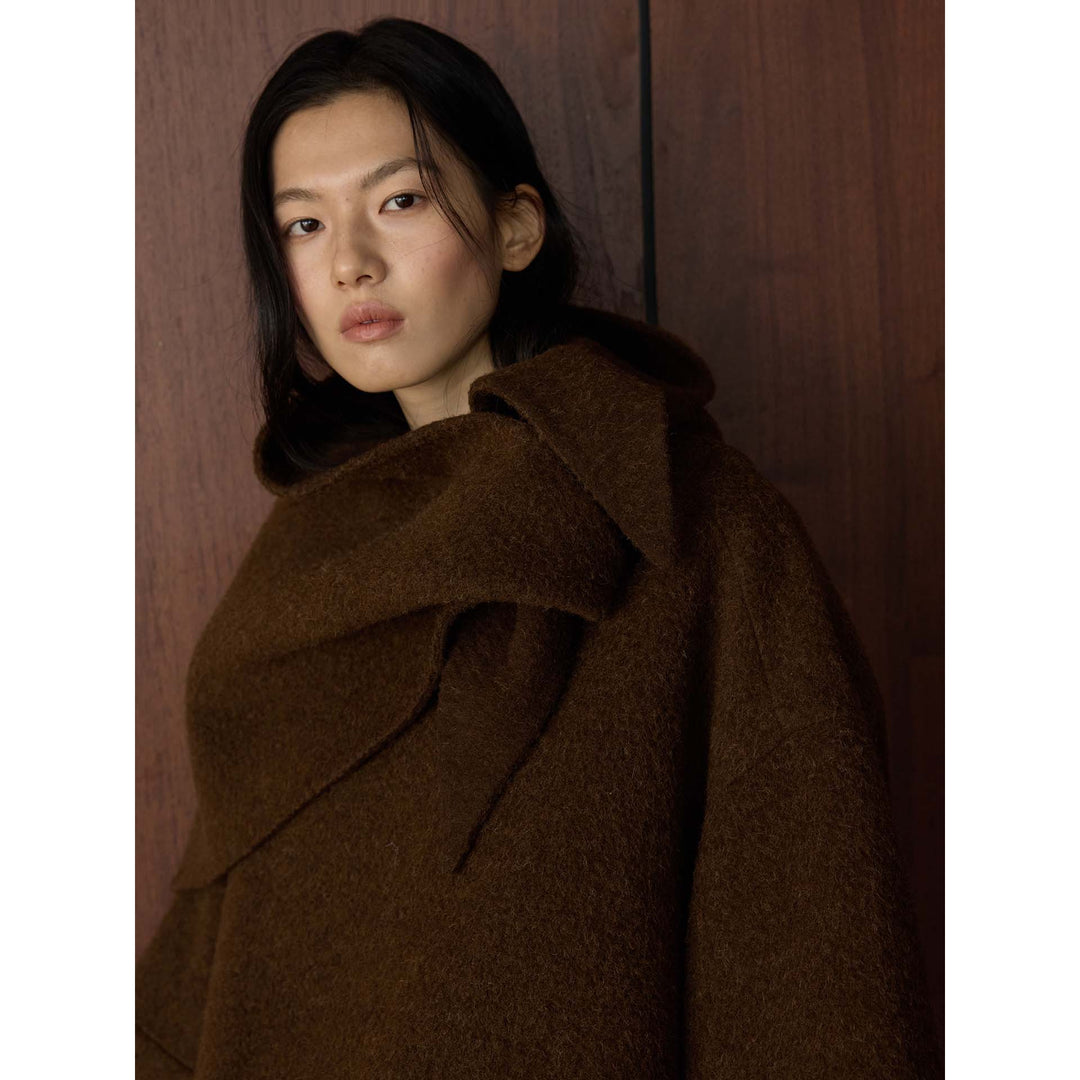Women's Voluminous Hooded Coat made of Boucle Wool Mix with Draped Front Amarae
