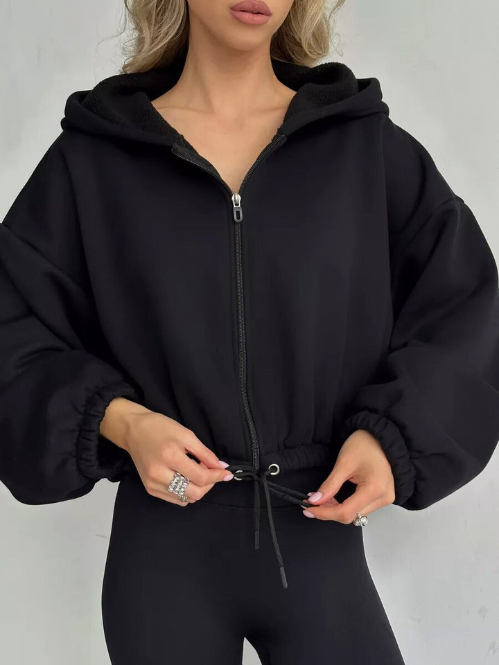 Ladies Cropped Hoodie made of soft sweat fabric with elastic waistband and zipper Chic & Stil