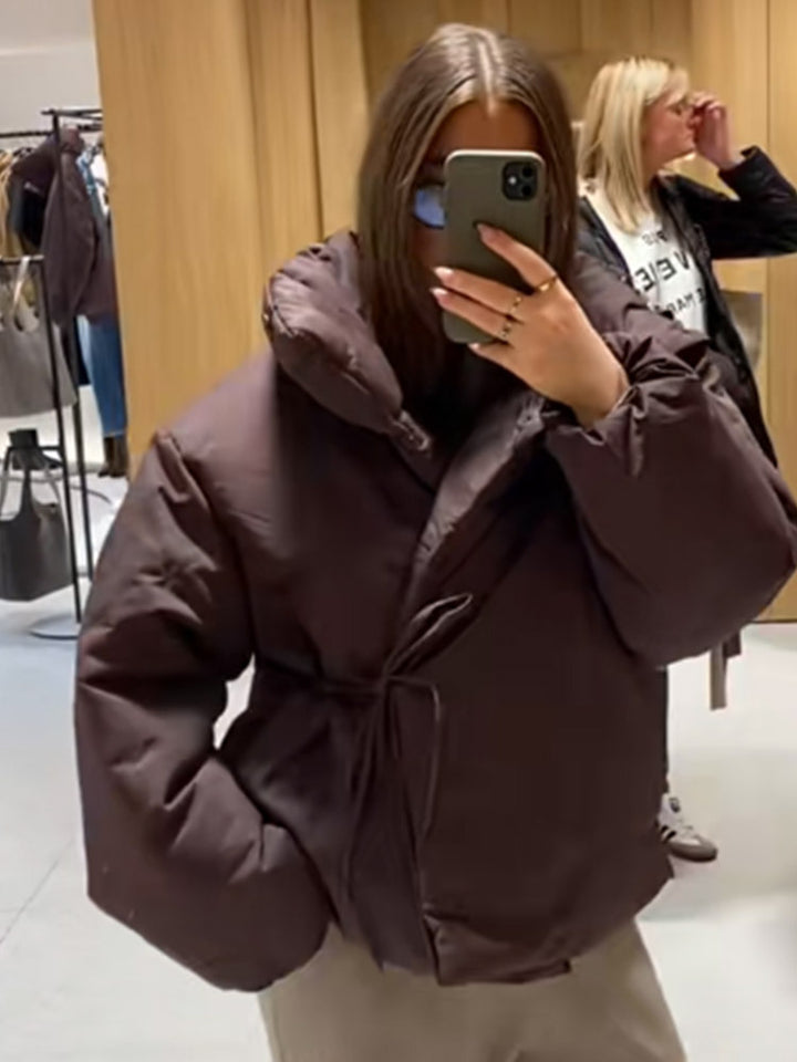 Women Short Padded Oversized Puffer Jacket with Hood and Tie Belt Amarae