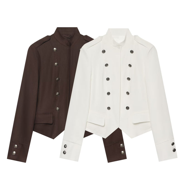 Women Short Military-Inspired Double-Breasted Jacket with Stand Collar and Flap Pockets Amarae