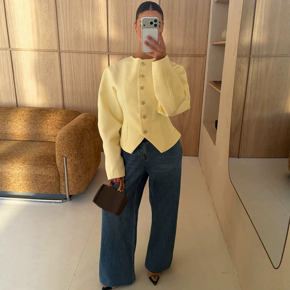 Women's Tailored Structure Jacket with Asymmetrical Dipped Hem and Balloon Sleeves Amarae
