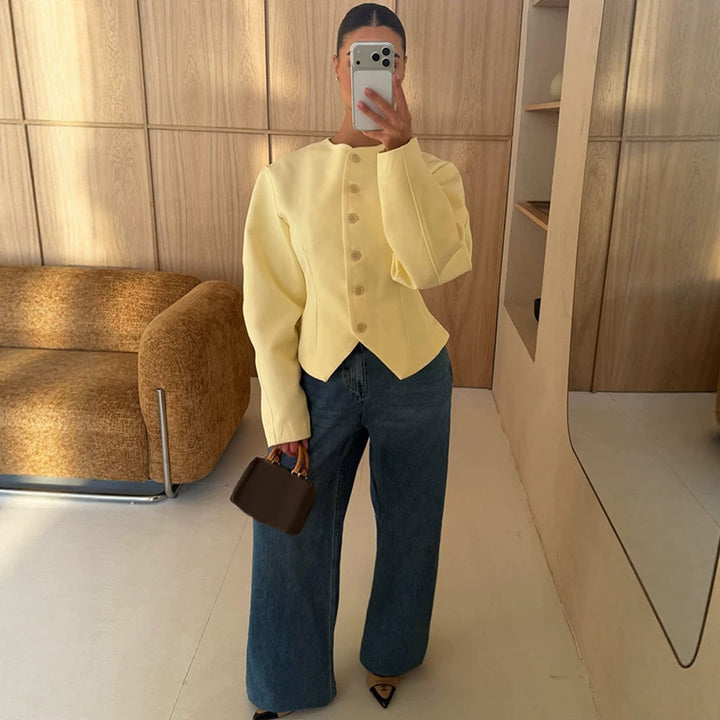 Women's Tailored Structure Jacket with Asymmetrical Dipped Hem and Balloon Sleeves Amarae