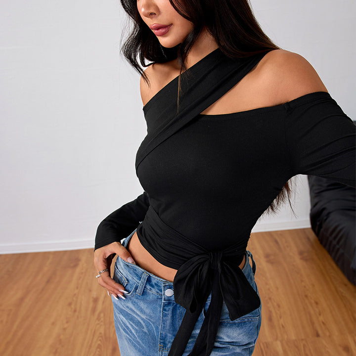 Asymmetrical wrap top for women with an elegant halter design and stylish gathering Chic & Stil