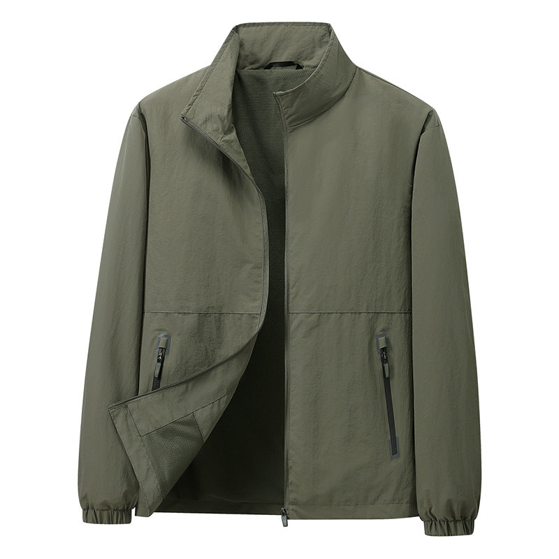 Men's Lightweight Windbreaker Outdoor Jacket with Stand Collar, Two-way Zipper and Concealed Pockets Amarae
