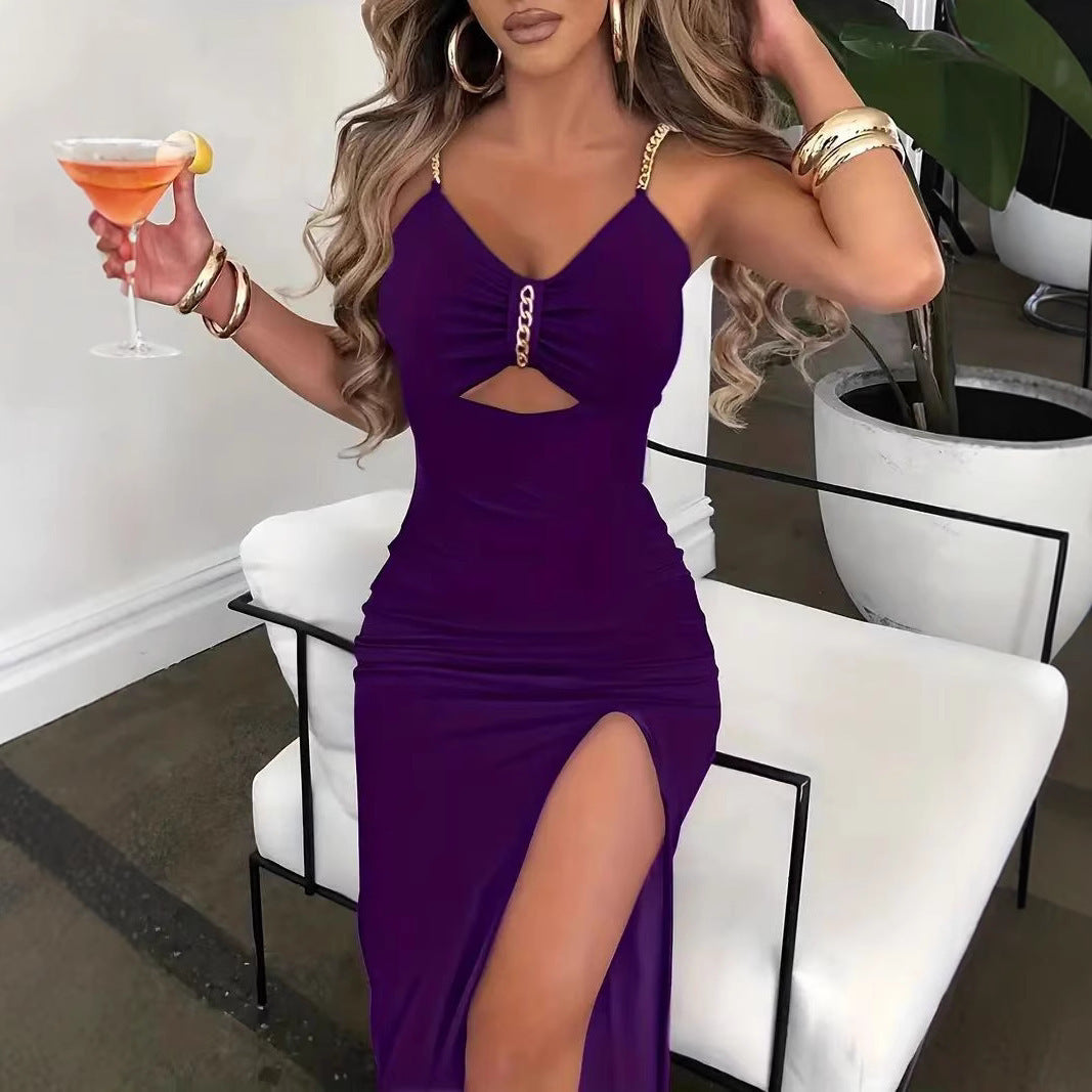Ladies Elegant Maxi Dress with Side Slit and Decorative Chain Detail Lune London