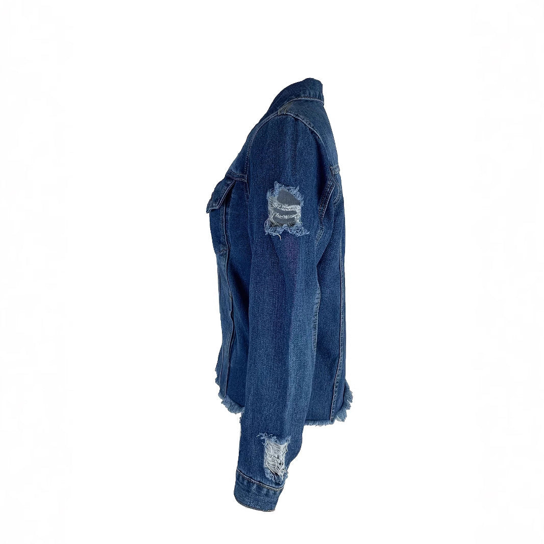 Ladies short cut denim jacket in trucker style with fringe detailing Amarae