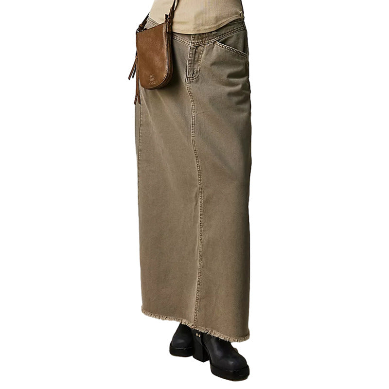 Women's Denim Maxi Skirt with High Waist and Practical Pockets Lune London