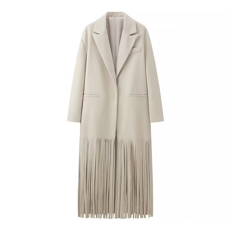 Women Longline Coat with decorative fringe trim and clean lapel collar Amarae
