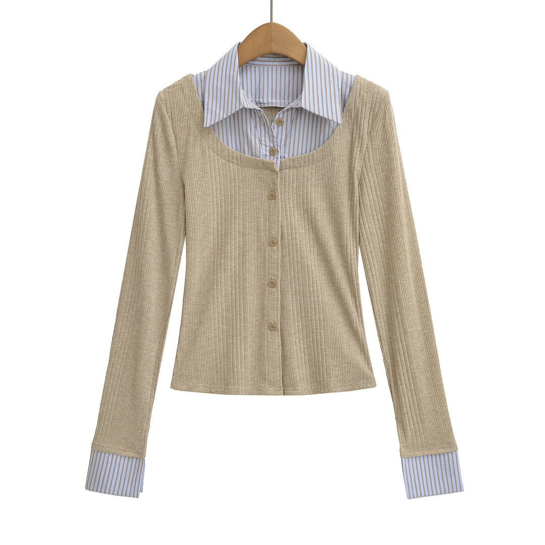 Ladies long sleeve t-shirt with elegant button placket and striped patterns Lune London
