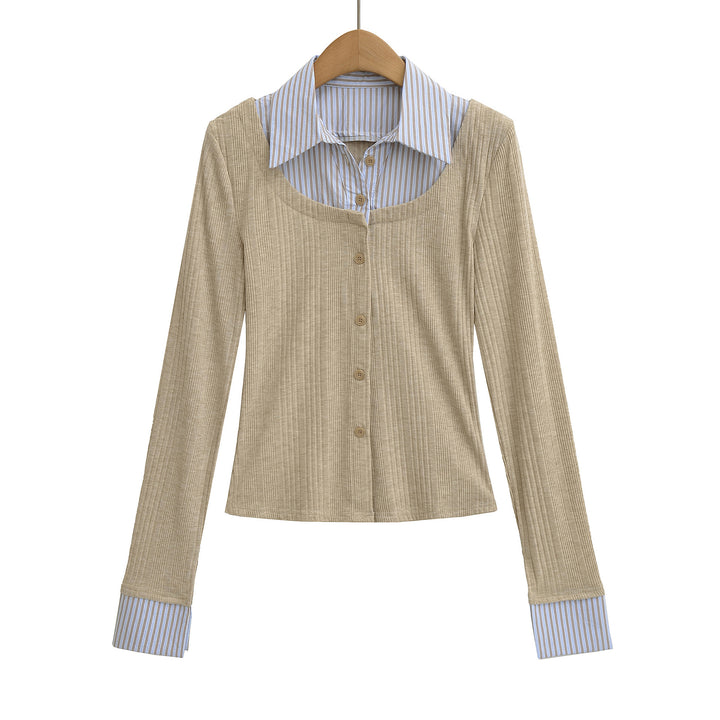 Ladies long sleeve t-shirt with elegant button placket and striped patterns Lune London
