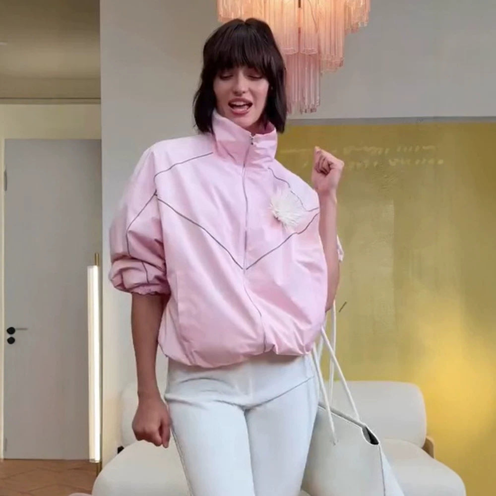 Women’s short bomber-style jacket with sculptural seam design and high stand-up collar Amarae