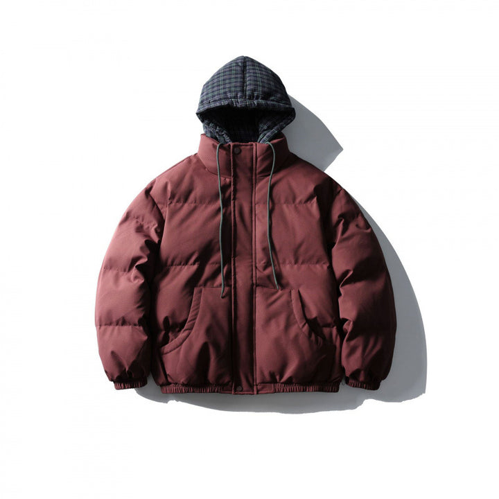 Unisex Padded Puffer Jacket in Boxy Cut with Checkered Insert Hood and High Stand-Up Collar Amarae