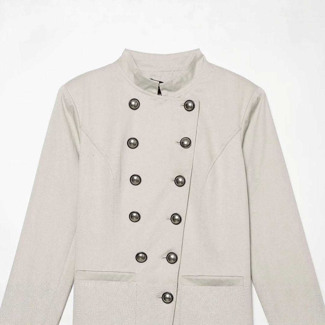 Women's tailored short blazer in sailor military style with stand-up collar and decorative buttons Amarae