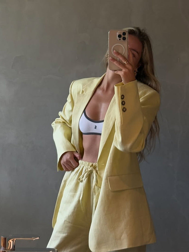 Women's Lightweight Linen Set with Loose-Fitting Blazer and High-Waisted Shorts Amarae