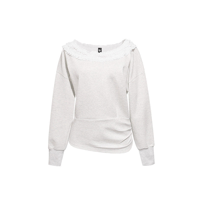 Women's sweatshirt with off-the-shoulder neckline, lace ruffle, and side gathers Amarae