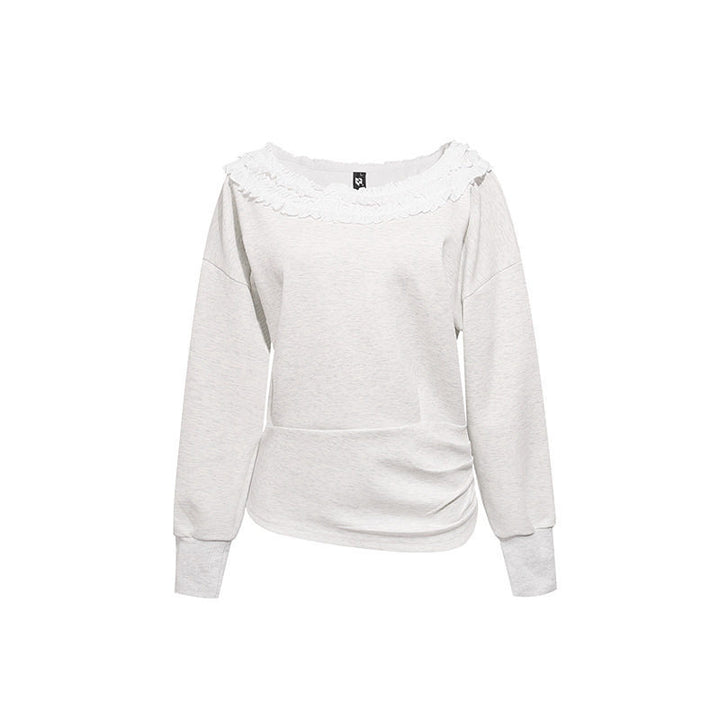 Women's sweatshirt with off-the-shoulder neckline, lace ruffle, and side gathers Amarae