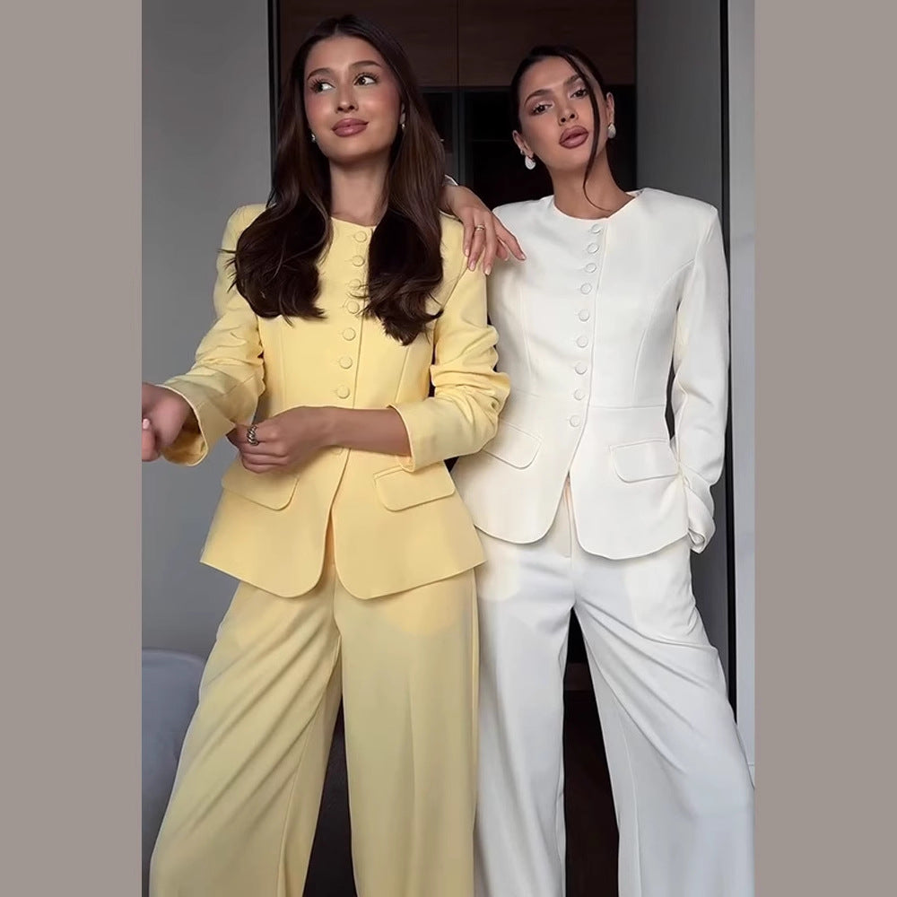 Women's Tailored Blazer with Round Neckline, Decorative Fabric Buttons and Flap Pockets Amarae