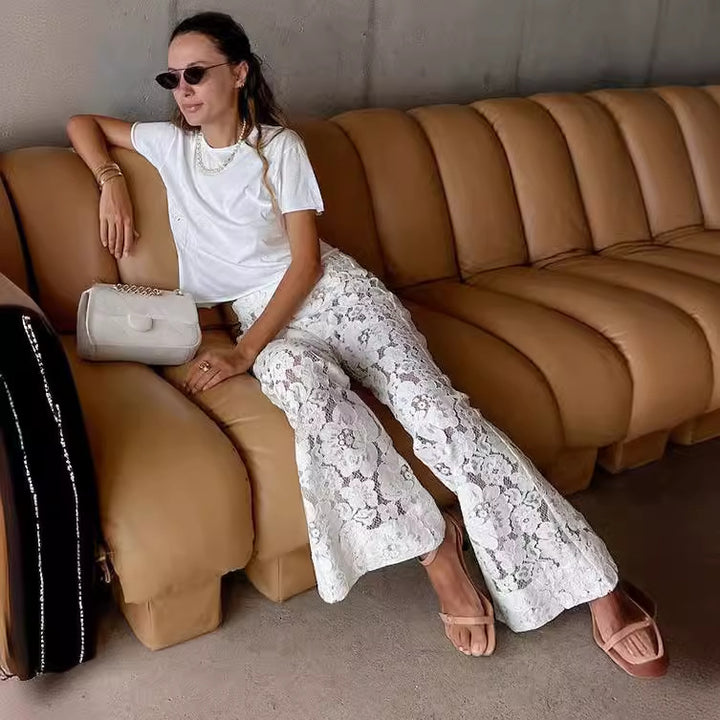 Elegant Lace Pants for Ladies with Wide Leg and Chic Floral Details