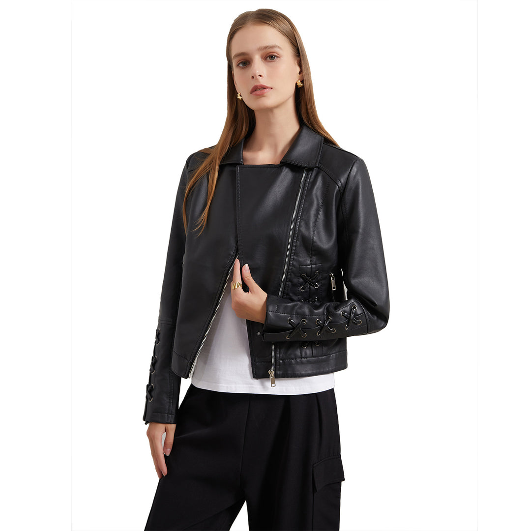 Faux leather jacket for women with refined lace details Lune London