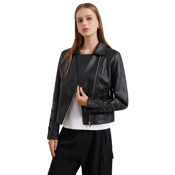 Faux leather jacket for women with refined lace details Lune London