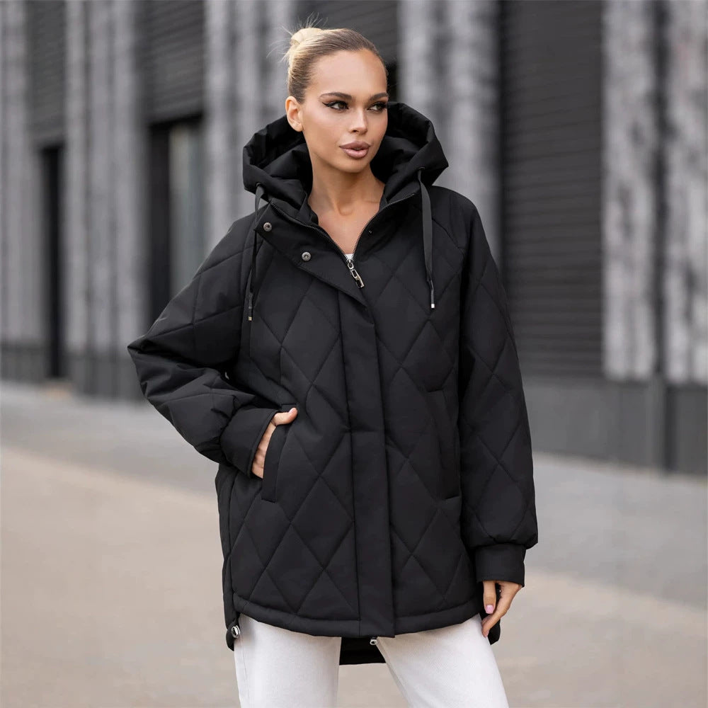 Women's quilted parka in diamond quilting pattern with hood and extended back Amarae