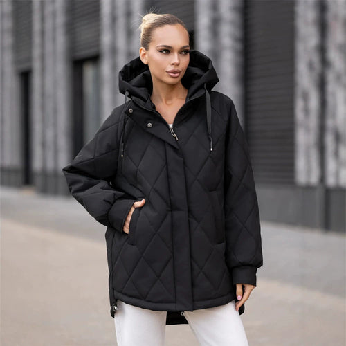 Women's quilted parka in diamond quilting pattern with hood and extended back Amarae