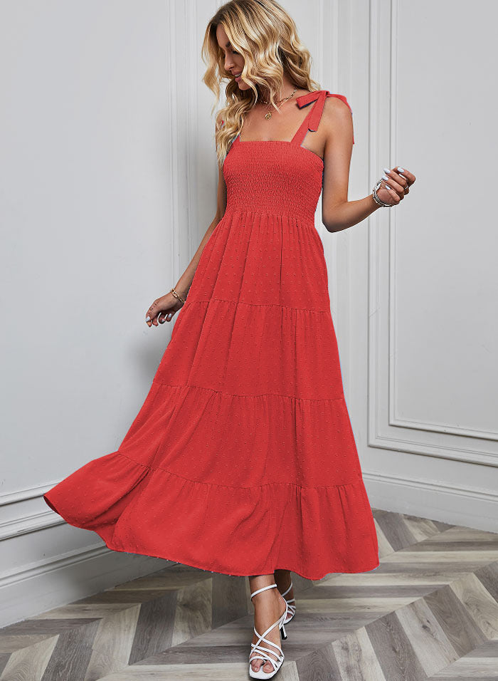 Women's maxi dress with delicate smock top and adjustable straps Lune London