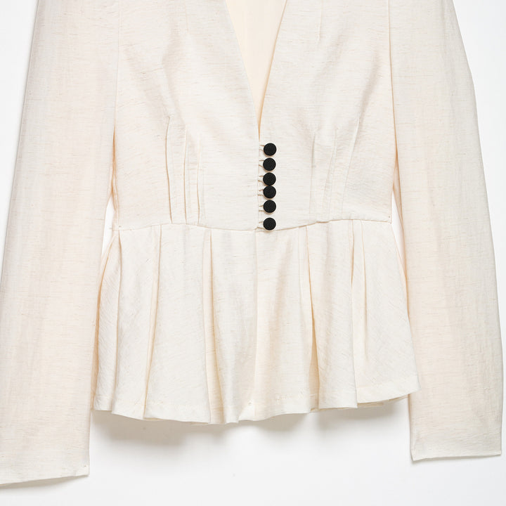 Women Tailored Blazer Jacket with Deep V-Neck, Pleated Peplum and Decorative Button Placket Amarae